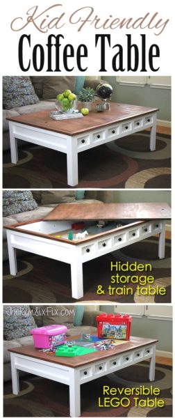 Kid Friendly Coffee Table hidden storage and train table Lego