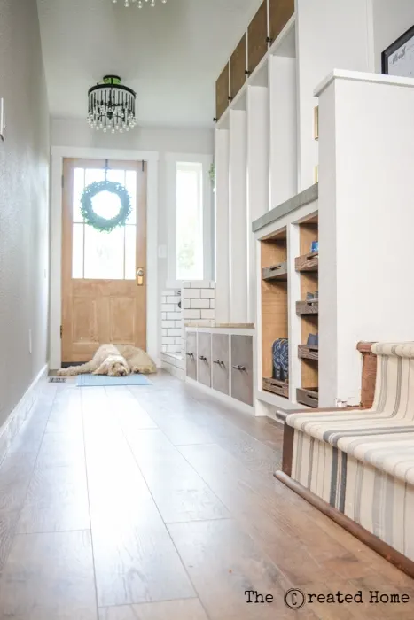 hallway mudroom dog bath renovation diy select surfaces driftwood laminate floors
