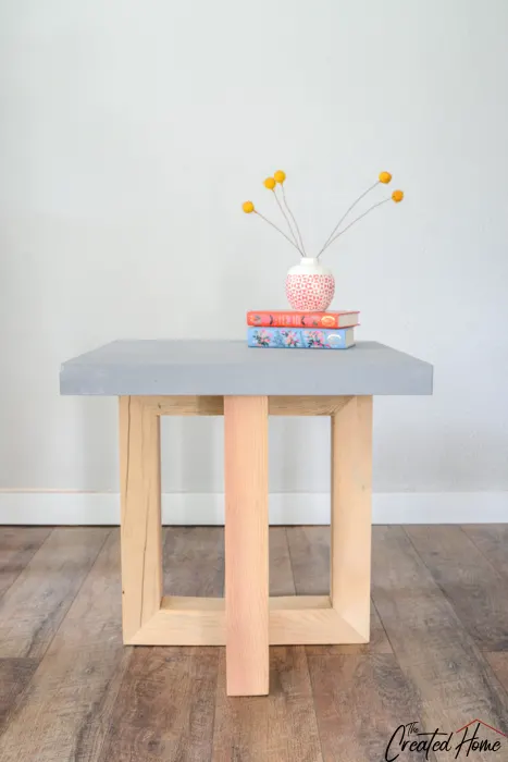 concrete and wood geometric side table 